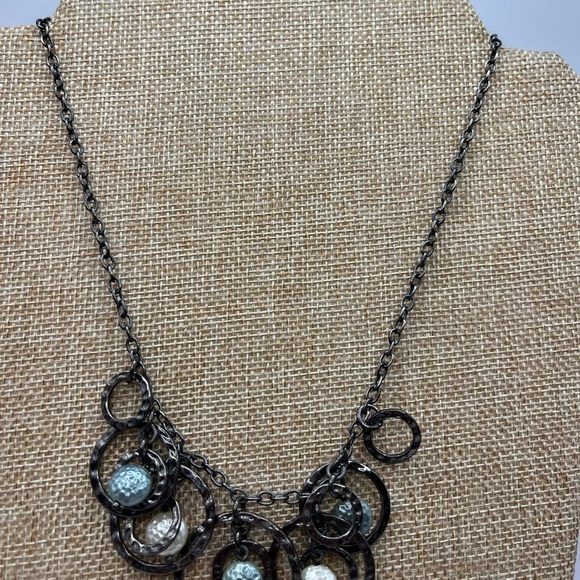 Lia Sophia Necklace | Gunmetal Tone Circles |Faux Pearl Beads 16”-19” Blue white - Picture 5 of 6